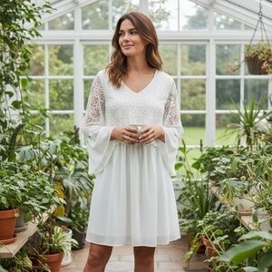ZANZEA Lace Dress Women’s White V Neck Semi Sheer Lined Bell Sleeves